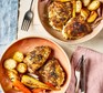 Air ryer chicken thighs with potatoes and root veg