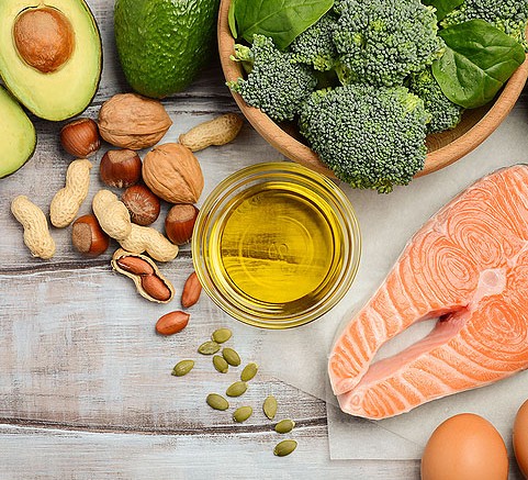 avocado, broccoli, salmon, nuts and oil