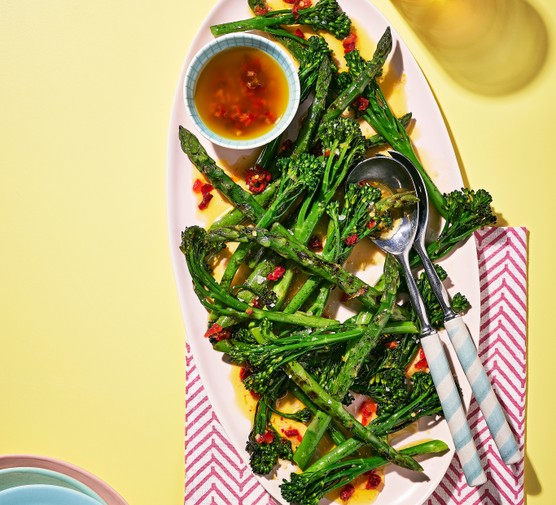 Charred asparagus & broccoli with blistered chilli dressing