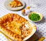 One large chicken & bacon pie with peas