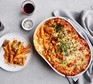 Chicken pasta bake served in a casserole dish