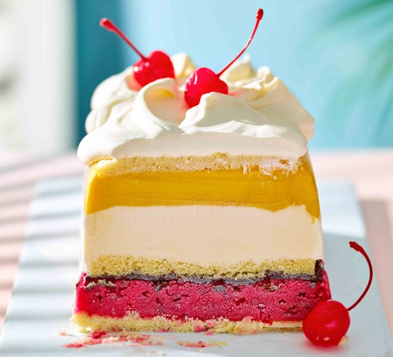 A dessert plate serving Club Tropicana ice cream cake
