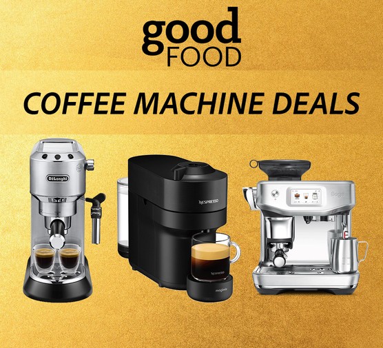 Three coffee machines on a gold background