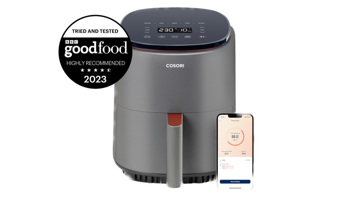Silver Cosori air fryer with front drawer and digital display on the top