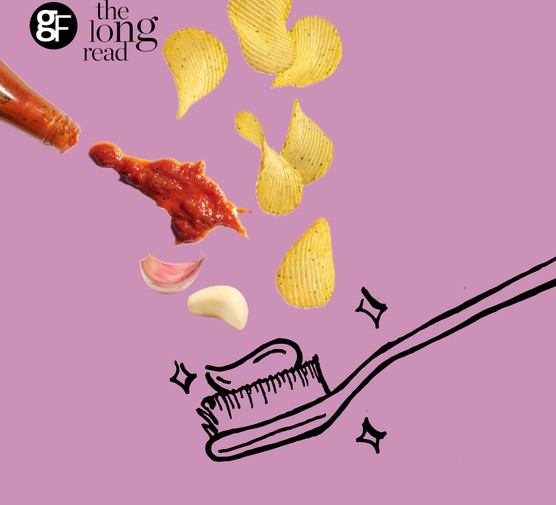 Illustration of foods cascading down onto a toothbrush