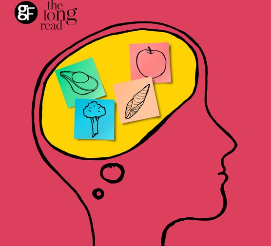 Illustration of a brain with food items inside