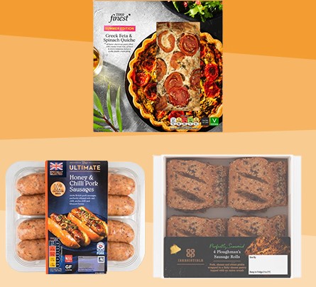 Supermarket food products for summer arranged on a bright orange background