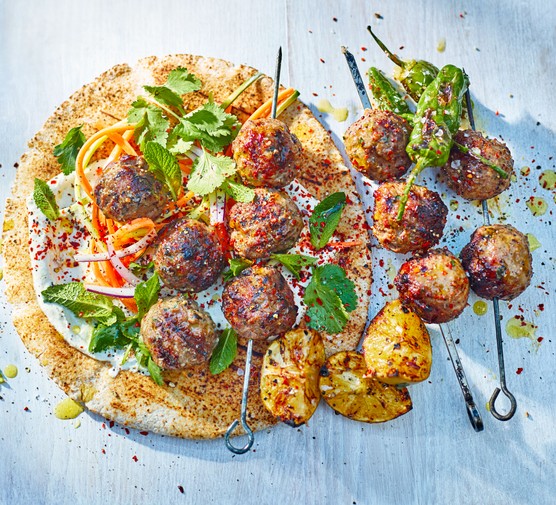 Lamb meatball kebab skewers with wraps