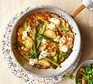 Ricotta, broccoli, & new potato frittata served in a pan