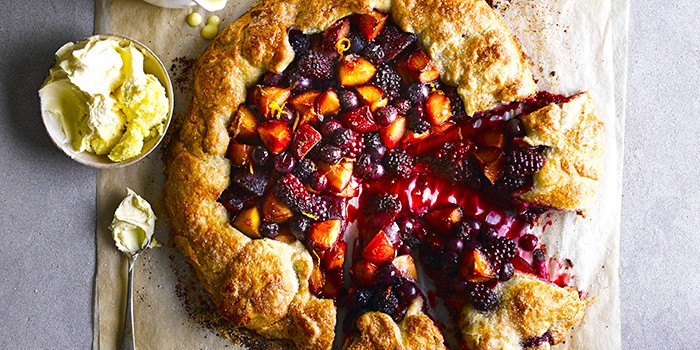 Rustic harvest fruit tart cut into slices