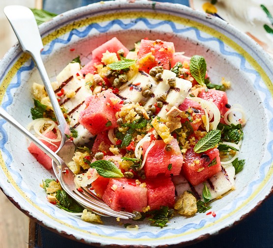 Griddled halloumi with watermelon & caper breadcrumbs