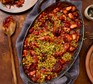 Sausage bean casserole served in a large casserole dish