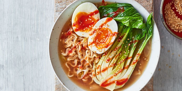 High protein vegetarian recipes Vegetarian ramen in a bowl with pak choi and boiled egg