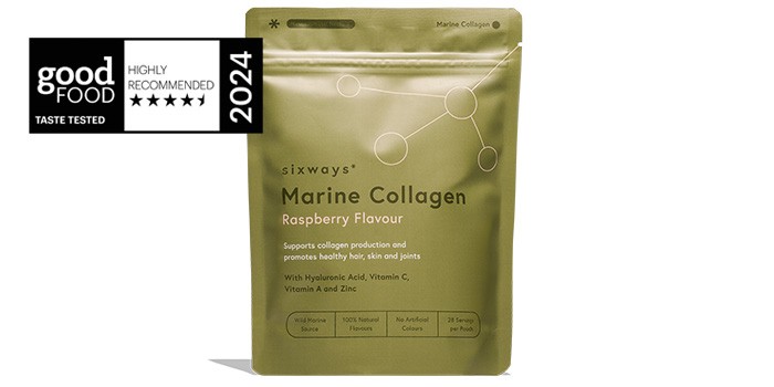 Sixways collagen powder with badge