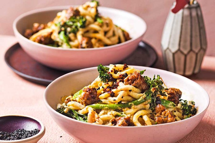 Tahini miso noodles with crispy broccoli & sausages Two servings of tahini miso noodles with crispy broccoli & sausages
