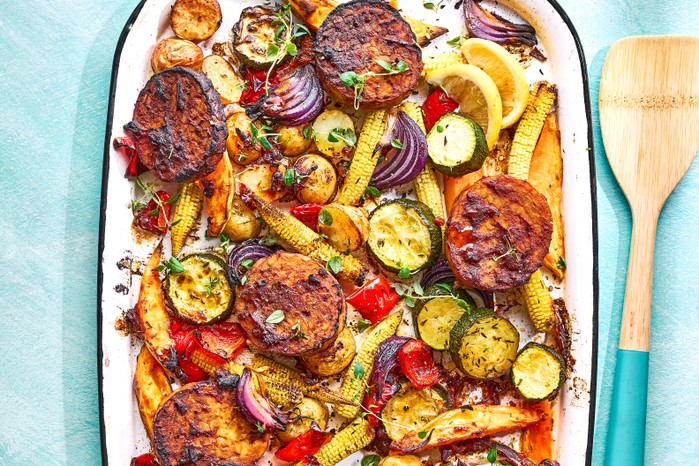 Tempeh-traybake Tray of roasted vegetables and tempeh