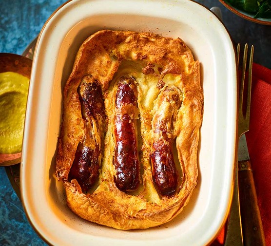 Air fryer toad-in-the-hole in a baking dish