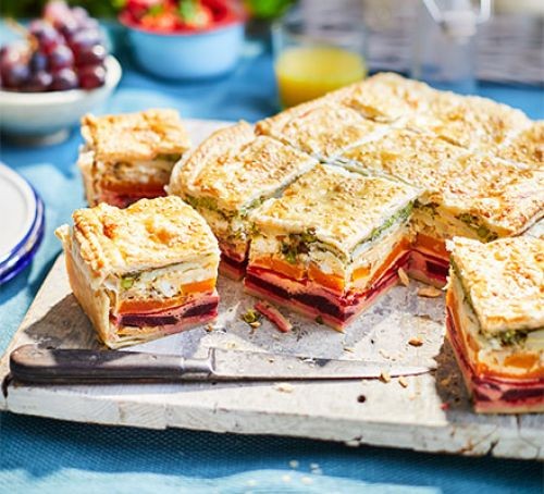 Layered vegetable pie in slices