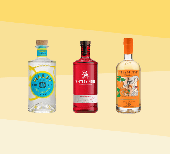 Three flavoured gins in a compilation image, set against a yellow background